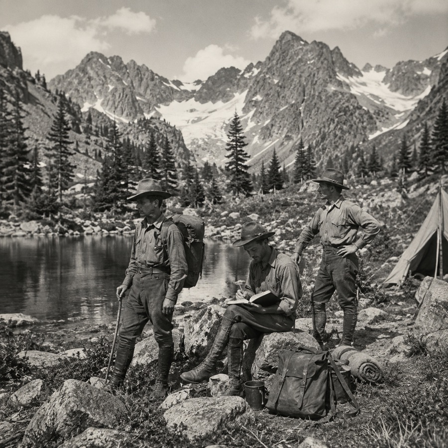 One of the few surviving photographs from the 1929 expedition showing the research team near Cascade…
